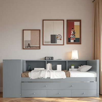 Wood Daybed With Trundle, Storage Drawers, Side Shelves And Desk