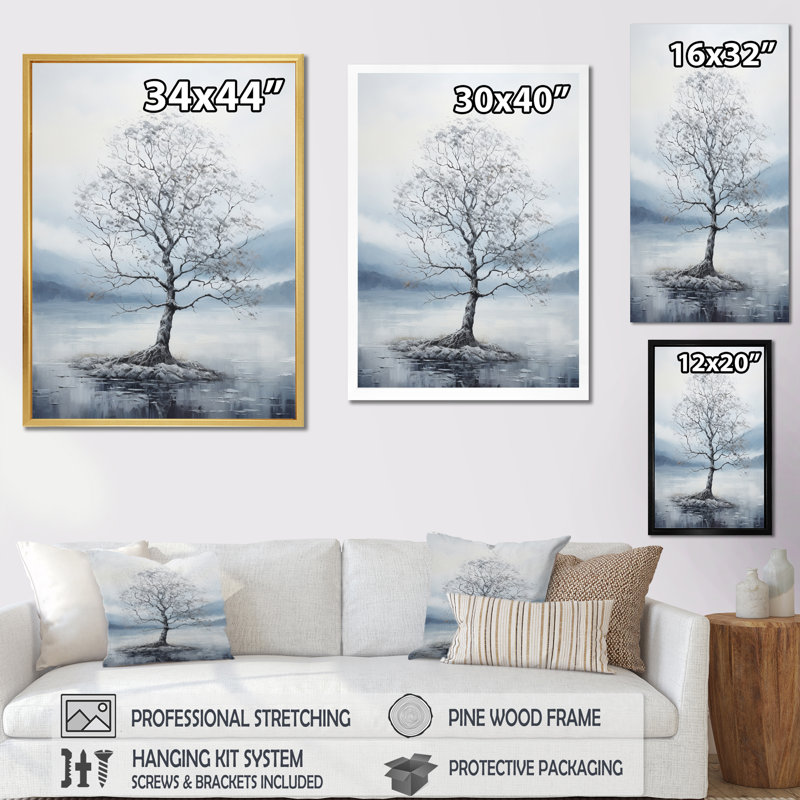 " Grey Tree Monochrome Whispers Landscape IV ", Black Picture Frame, 12" W x 20" H