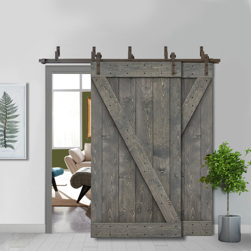 Porte de grange à panneaux et en bois avec quincaillerie d'installation, 40 po x 84 po, Gris patiné