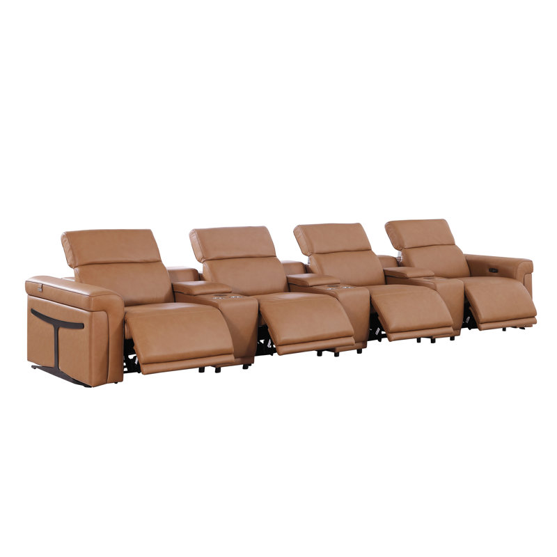 7-Piece 4-Power Reclining Italian Leather Sofa With Power Headrest, Cognac