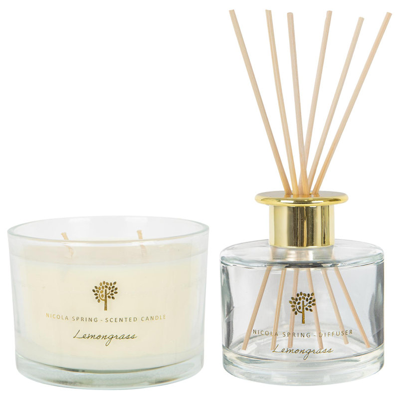 Nicola Spring - Soy Wax Scented Candle & Reed Diffuser Set - Lemongrass, 8cm H x 11cm W x 11cm D