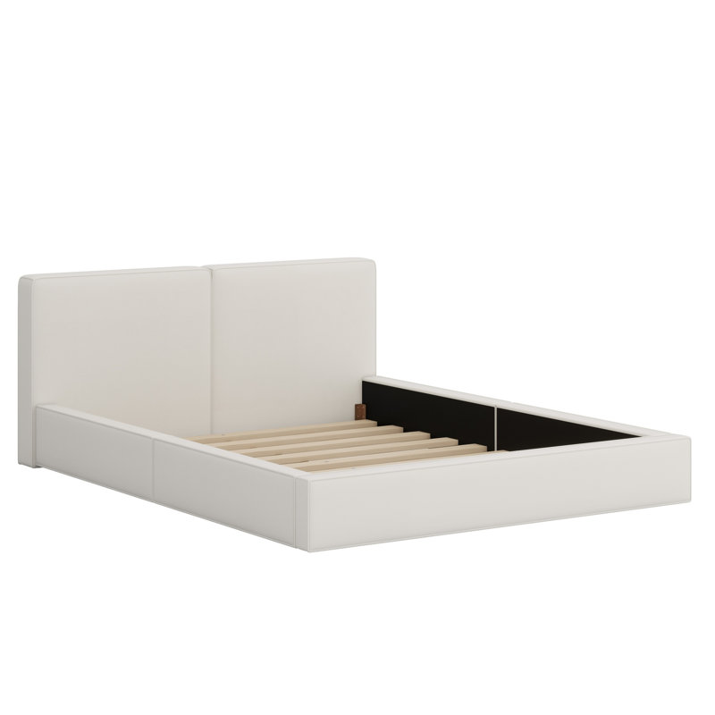 Upholstered Platform Bed, Grounded Bed With Solid Frame, Beige