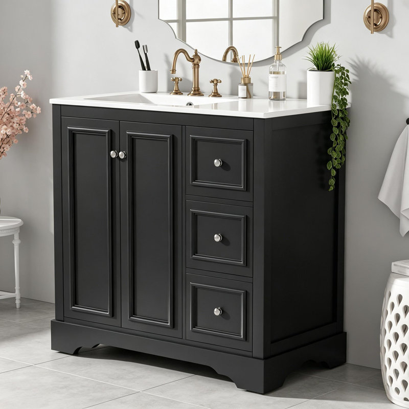 Meuble-lavabo autoportant de 36 po avec lavabo en céramique, 2 portes, 1 tablette réglable, 3 tiroirs