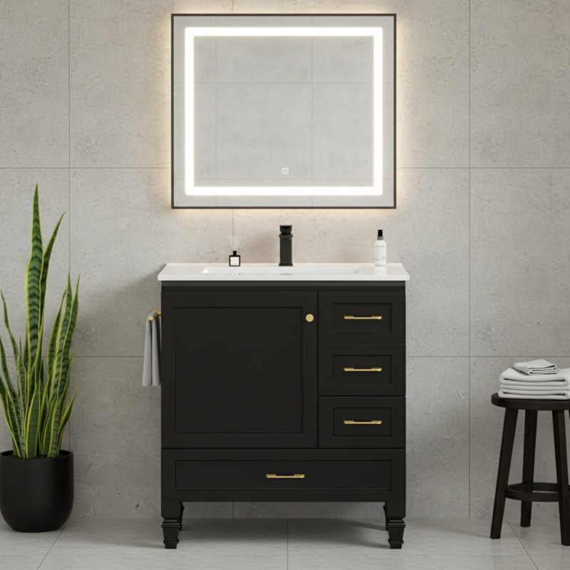 Armoire de rangement 30 po avec porte à fermeture douce et 3 tiroirs, armoire de rangement noire, Noir