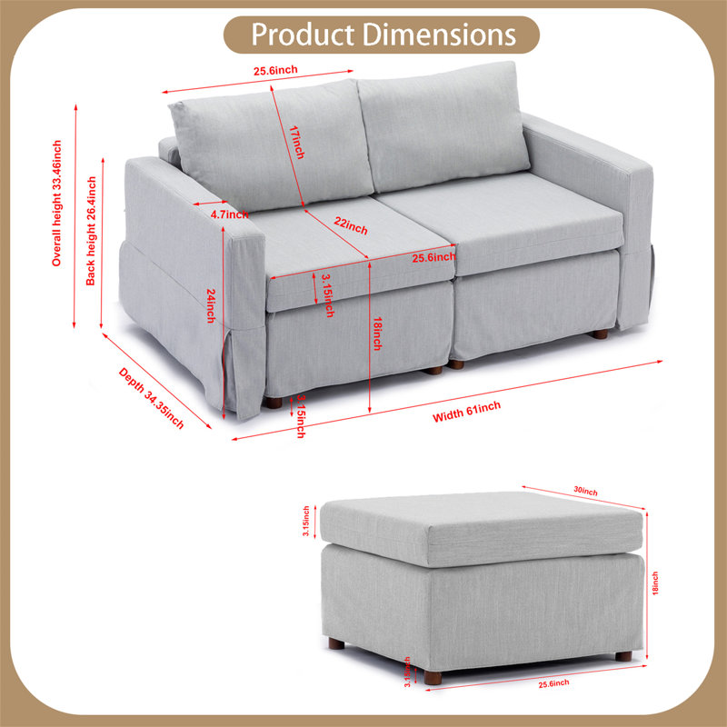 Upholstered L-Shaped Sectional Reversible, Light Gray 100% Linen