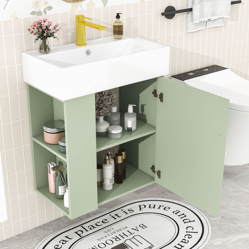 Meuble-lavabo flottant chic avec lavabo en céramique et rangement à gauche, Vert