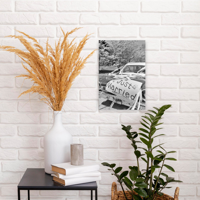 «1960 Just Car Married Married» sur un tronc et des banderoles, art mural rétro vintage rétro, H 18 po x l 12 po