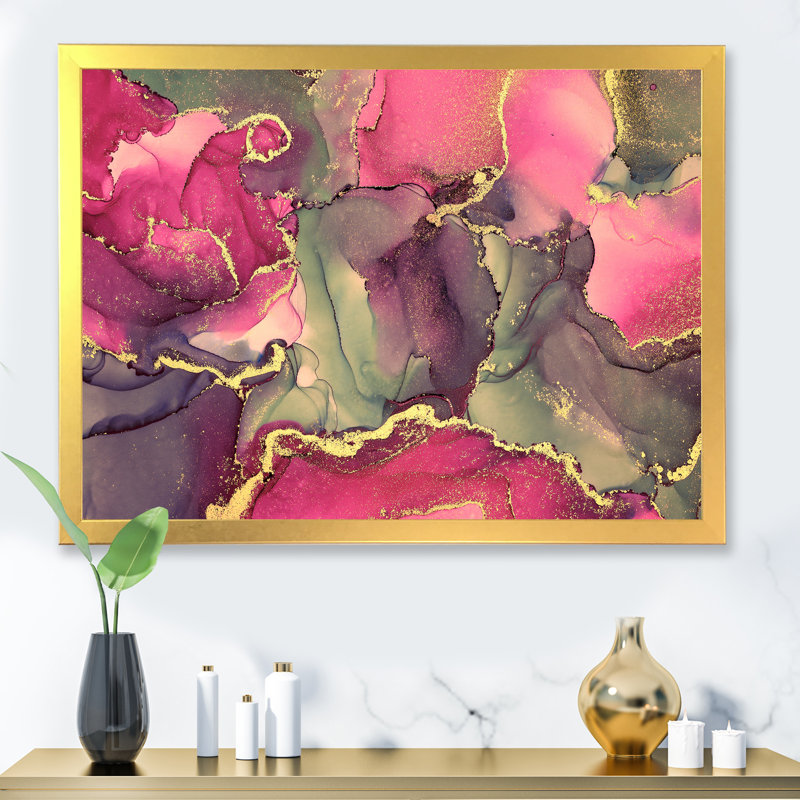 Rose et noir luxueux, art fluide abstrait - peinture sur toile, H 30 po x l 40 po, Cadre doré à coins fermés