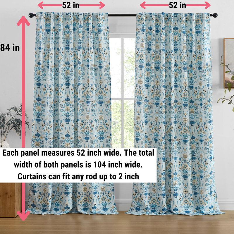 Clara Floral Damask Patterned Window Back Tab Rod Pocket Curtains Bedroom - Light Blocking Darkening Window Panels, Set of 2