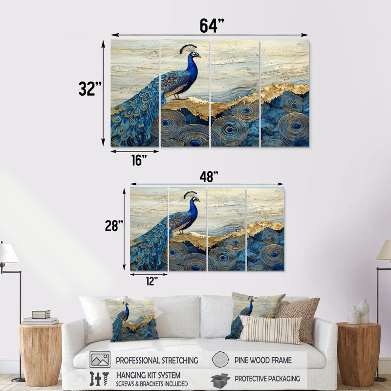 «Golden Aqua and Agate Peacck Landscape II - Aqua Art», ensemble de décorations murales modernes, H 28 po x l 48 po