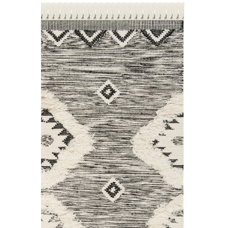 Tapis noir / ivoire en laine / coton noué à la main Alimatou, Rectangle 9 pi x 12 pi