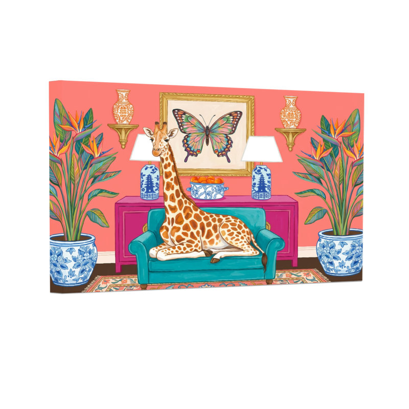 Animaux, girafe sur un canapé avec art papillon et plantes, H 16 po x l 24 po
