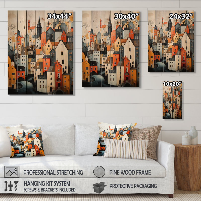 Danemark, toits écarlates, collage III sur bois, H 32 po x l 24 po x P 0,78 po