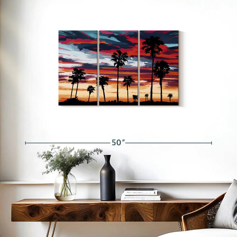 Silhouette de palmiers au coucher du soleil, H 20 po x l 33 po