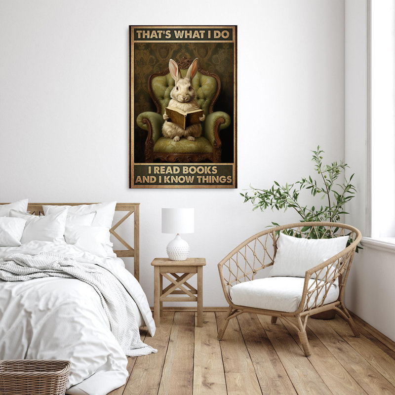 Lapin que je lis des livres - 1 pièce, reproduction d'art graphique sur toile tendue, H 20 po x l 16 po