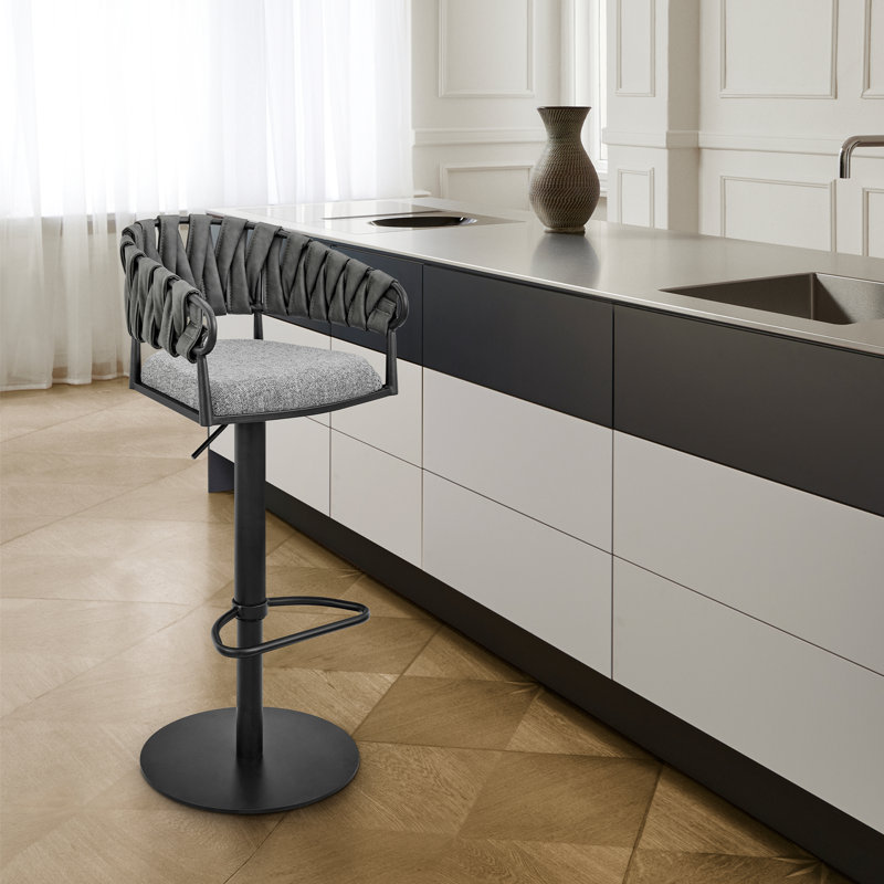 Keymaya Swivel Adjustable Height Bar Stool in Black Metal with Gray Fabric and Faux Leather