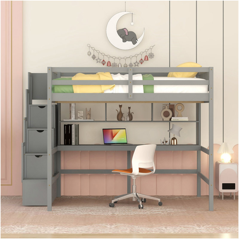 Lit mezzanine double avec bureau, tablettes de rangement et escalier, gris, Gris