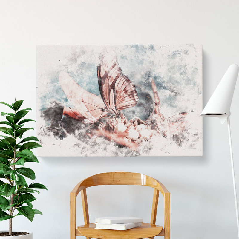 Pink Butterflies Watercolour - Wrapped Canvas, 40cm H x 60cm W x 3cm D