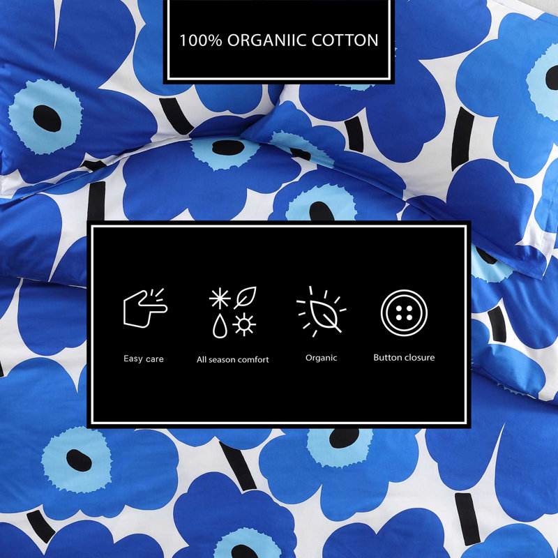 Marimekko Unikko Blue Cotton Reversible Comforter Set, Queen Comforter + 2 Standard Shams
