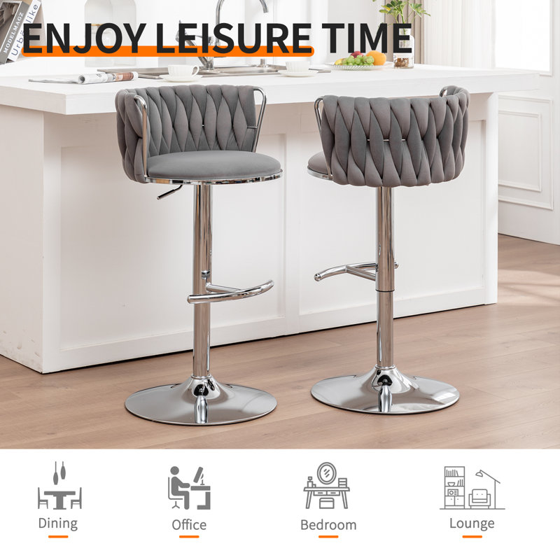 Velvet Bar Stools Set Of 3, Counter Height Bar Chairs With Low Back, Gold Swivel Bar Stools For Kitchen Island, Bar Pub, Gray