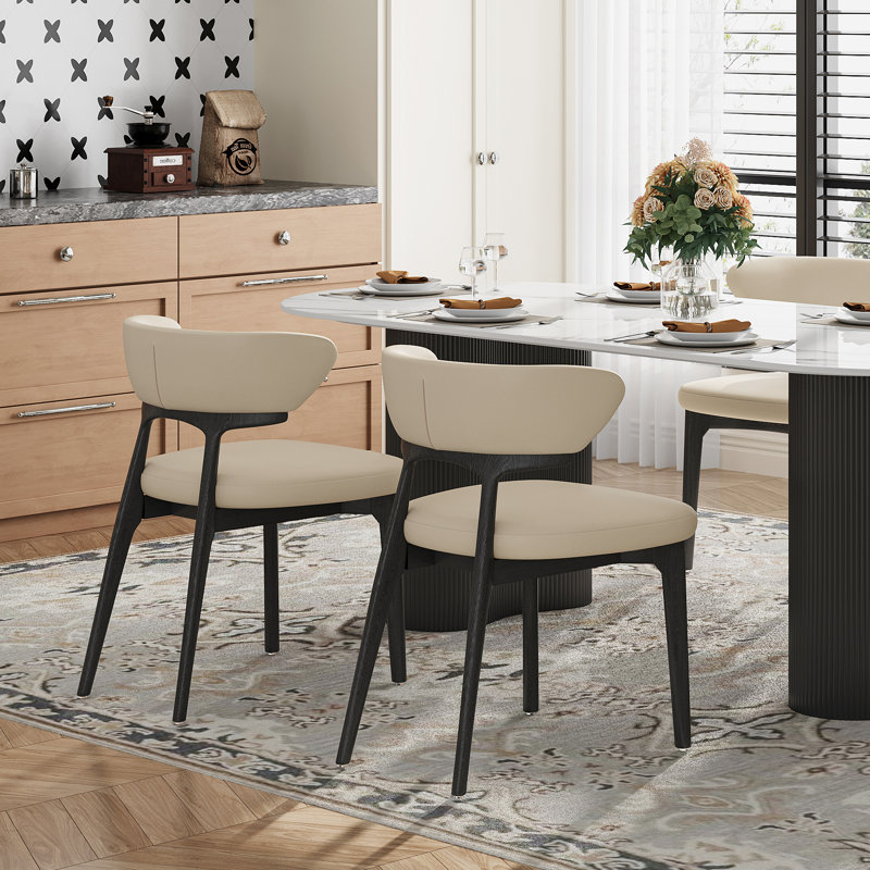 Modern Fully Assembled Dining Chairs Set of 2, Beige Faux Leather with Solid Wood Legs, Black, Beige