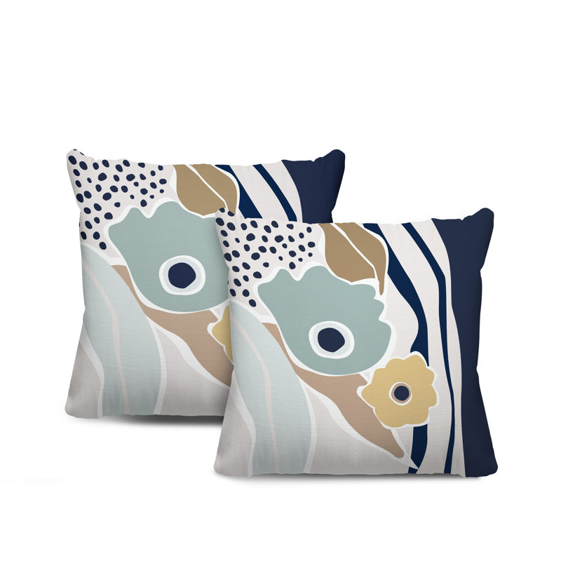 Floral and Abstract Outdoor Reversible Throw Pillow, 15W" x 15H", Gray/Navy Blue/Beige