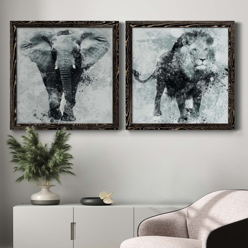 Proud Elephant - ensemble de 2 peintures sur toile encadrées, Cadre noir, H 27,5 po x l 55 po x P 1,5 po
