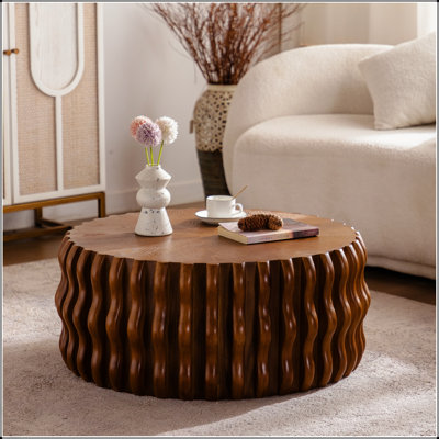 Table basse ronde ronde à tambour, centre Mid-Century avec piédestal robuste pour divers espaces de vie