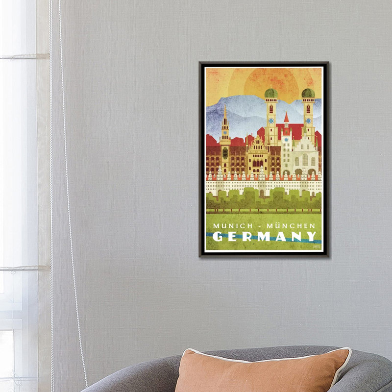Allemagne-Munich par Missy Ames-impression d’art graphique, H 26 po x l 18 po x 1,5 po, Toile encadrée de bois rustique foncé