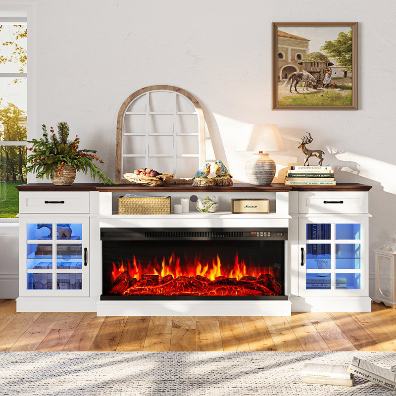 80" Farmhouse TV Stand With 36" 3-Sided Electric Fireplace for TVs up to 90", 2 Drawer and Adjustable Shelf Entertainment Center