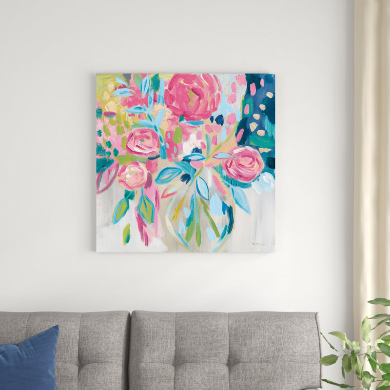 Floral rose estival, H 30 po x l 30 po, Argent argent, Impression encadrée avec passe-partout