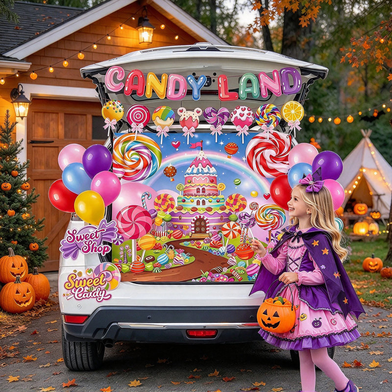Trousse de décoration extérieure « Lollipop Trunk or Treat », bannière et ballons « Candyland Lollipop » pour arche de voiture, porte de garage, décoration de voiture
