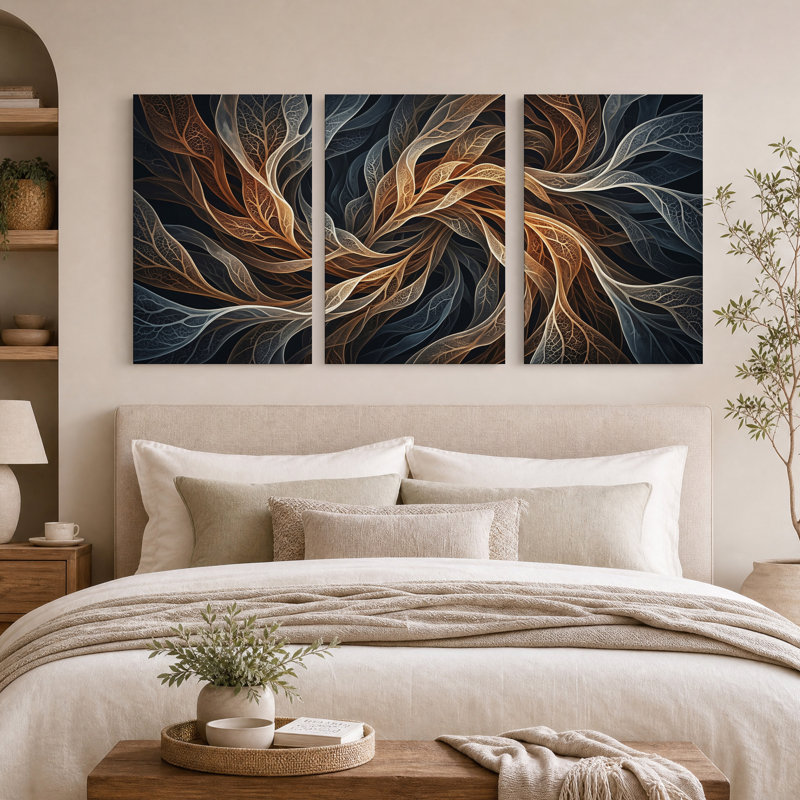 Ensemble de 3 toiles murales à motif de nervures de feuilles tourbillonnantes bronze et bleues, H 24 po x l 16 po x 3 pièces