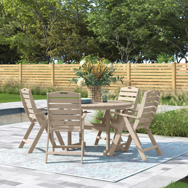 Nautical Folding Chair 5-Piece Round Farmhouse Dining Set, Sand