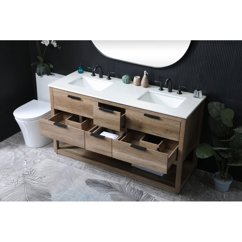 Felicity 60'' Double Bathroom Vanity with Engineered Marble Top, Natural Oak
