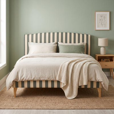 Modern Farmhouse Full Linen Upholstered Platform Bed with Curved Striped Headboard, Sage Green