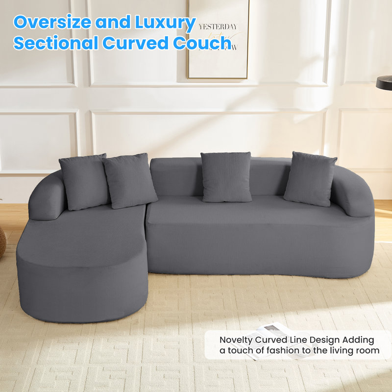 Causeuse incurvée 59 po avec tissu chenille et 4 coussins, Gris foncé