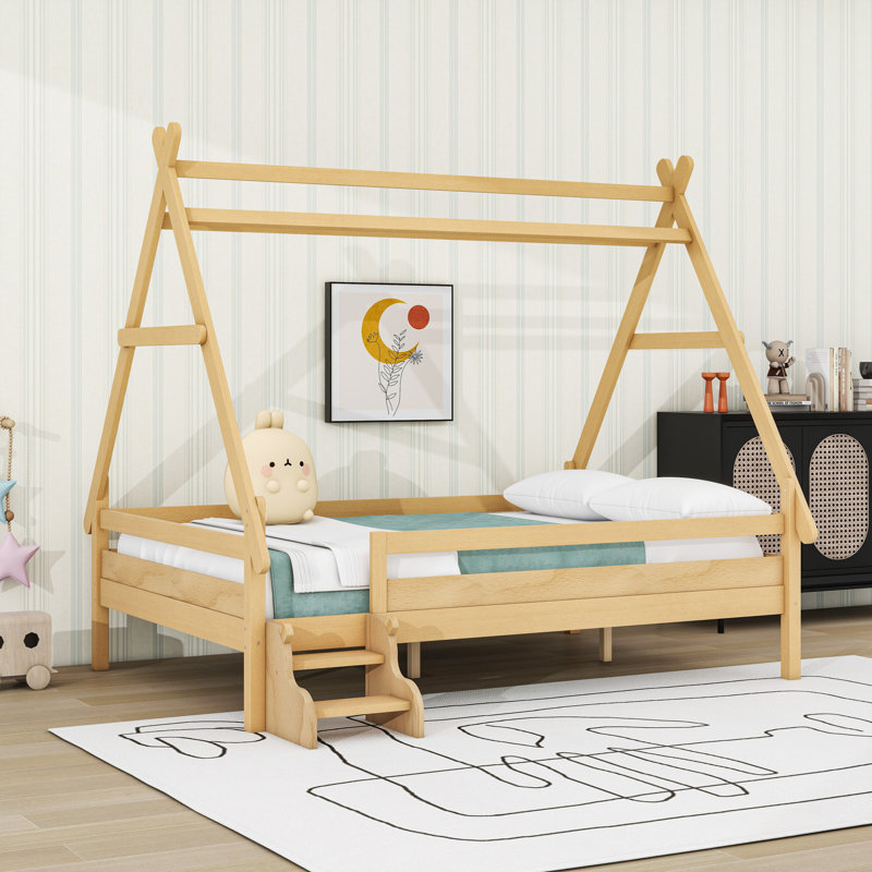 House Platform Bed With Stairs, Natural, Full