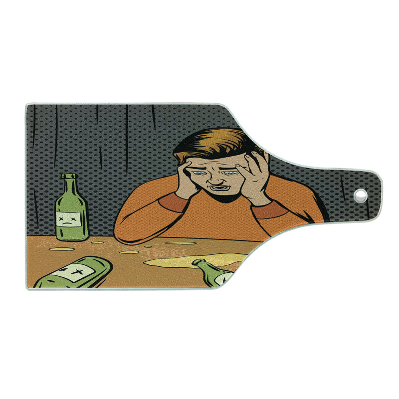 Ambesonne Comic Tempered Glass Cutting Board Drunk Man and Empty Bottles Multicolor