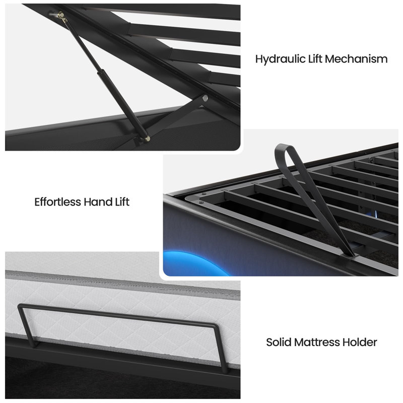 Lift Up Storage  Bed Frame With Charging Station And Hidden Storage Headboard, Led Lights Upholstered Platform Bed With Hydraulic Storage,