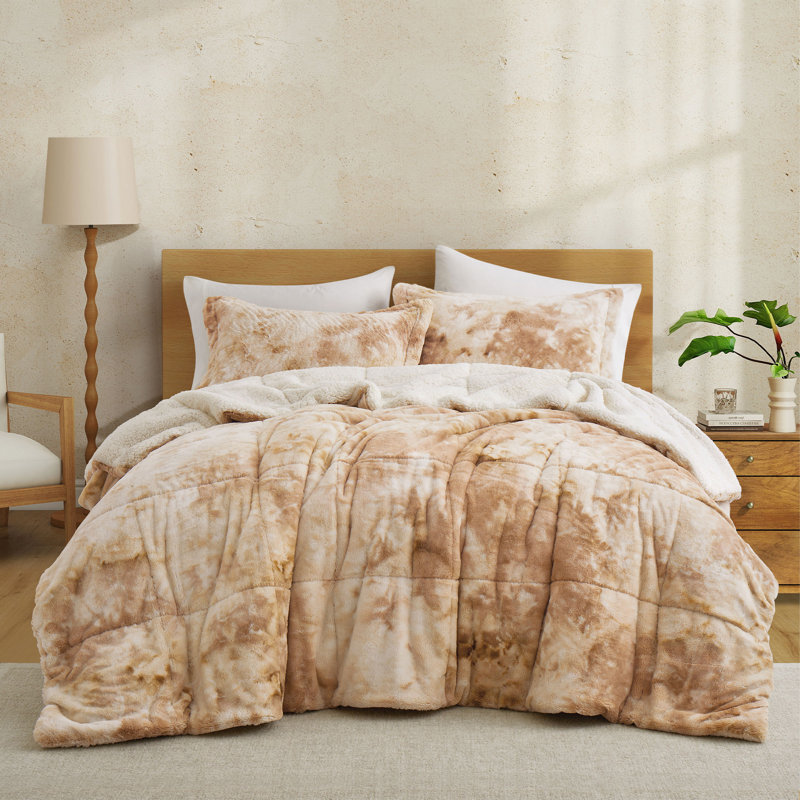 3- Piece Ultra Soft Fluffy Sherpa Down Alternative Comforter Set, Queen Comforter + 2 King Pillowcases, Beige