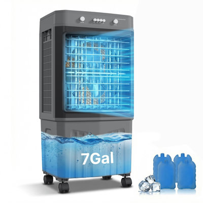 Refroidisseur d'air portatif à évaporation avec réservoir d'eau de 7 gallons, 4 sacs de glace, 3 vitesses de ventilateur, oscillation de 120 °, faible bruit de 45 dB, conception à remplissage par le haut, commande à bouton, gris