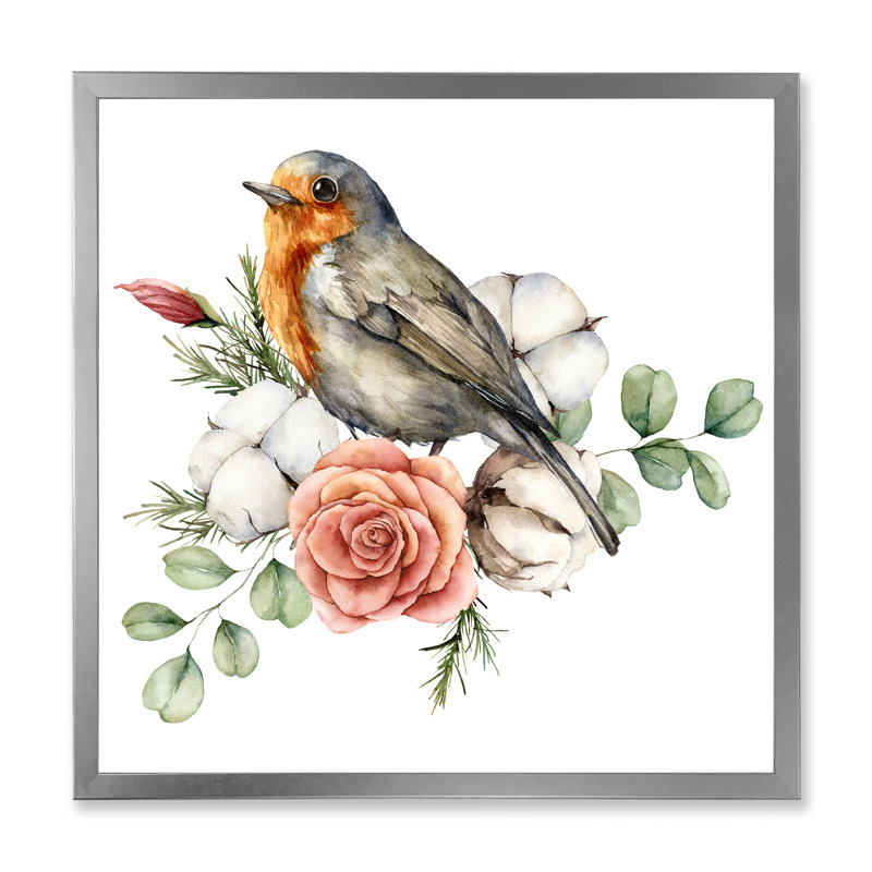«Robin Redbreast with Cotton Rose and Leaves», peinture sur toile encadrée, H 36 po x l 36 po x 1,5 po