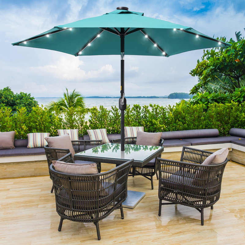 Parasol de marché d'extérieur DEL 7,5 pi avec bouton-poussoir inclinable Davinna, Bleu lac