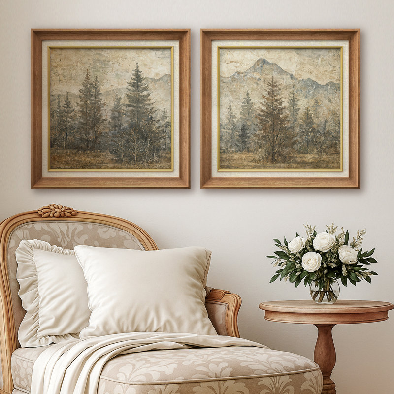 «Rustic Mountain Pine Forest Neutral Nature Landscape», reproduction d'art encadrée de la chambre principale, 2 pièces
