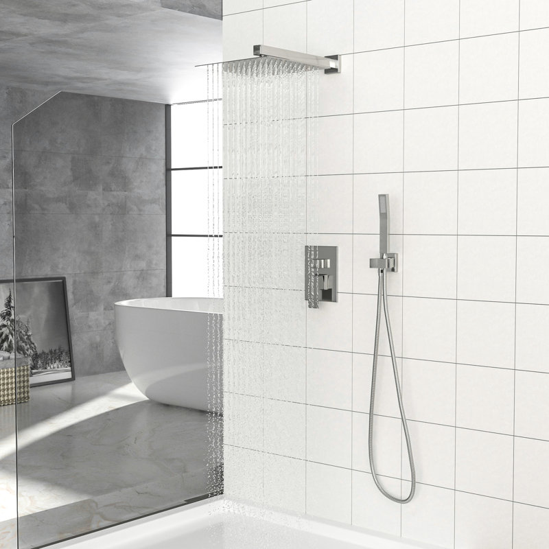Système de douche mural double en nickel brossé 12 pouces, valve équilibrée, pluie et douchette, modèle de jet réglable à 360 ° pour douches personnalisées, système carré avec finition, douchette à main brute