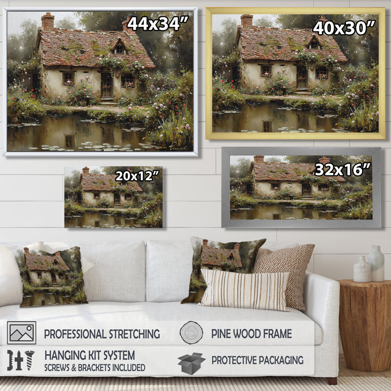 Mystérieuse maison de campagne rustique près de l'étang - impression d'art mural campagne, Toile brune avec cadre flottant