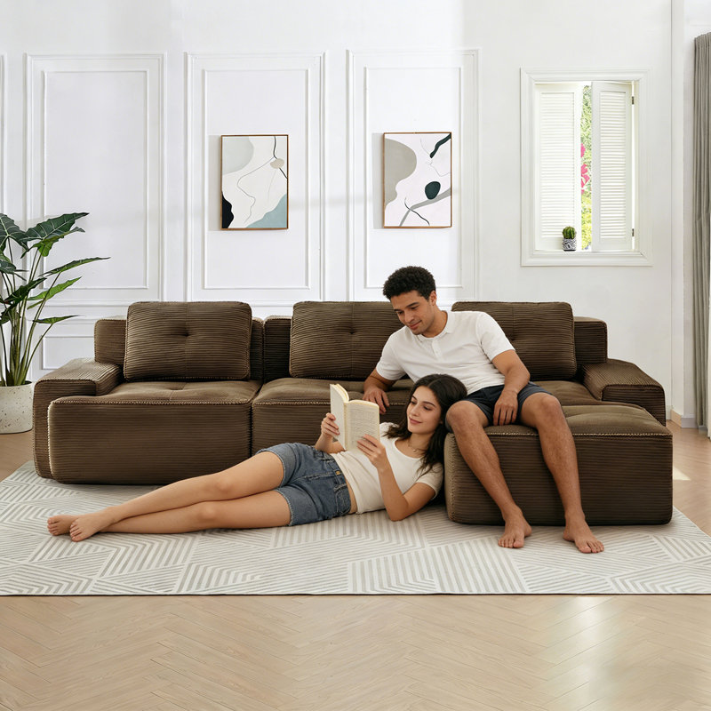 Tayani Boneless 124.00" U Shaped Couch, Modular Sectional Sofa, 3-Seater Comfy Cloud Couch with Movable Ottoman