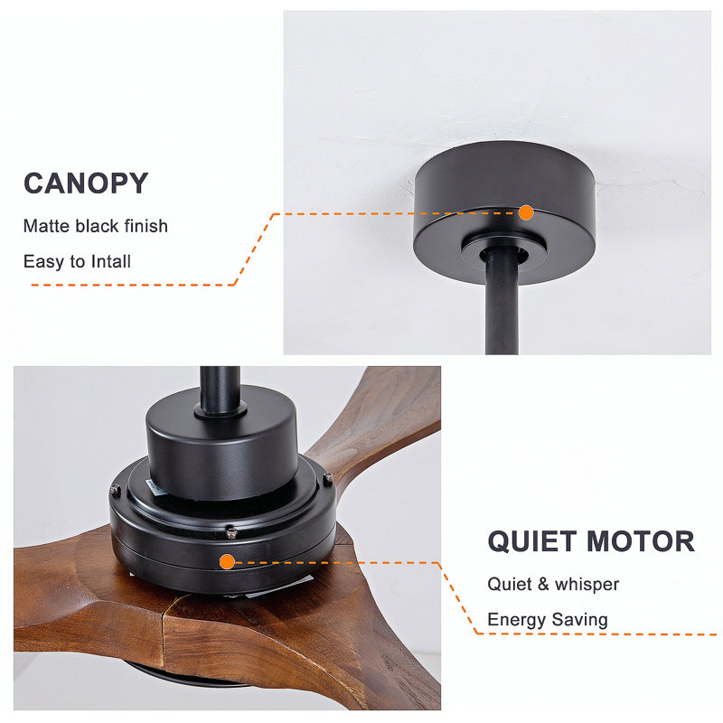 Ventilateur de plafond 52 po avec lumière, 3 pales en bois de noyer massif, télécommande, 3 ampoules à DEL à intensité variable, minuterie, moteur réversible à 6 vitesses pour le salon ou la terrasse