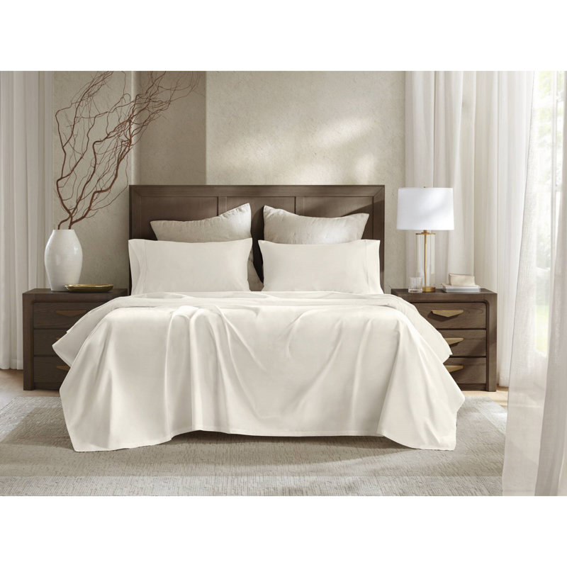 Ensemble de draps en satin de coton 4 pièces, blanc, Ensemble de draps pour grand lit, Ivoire